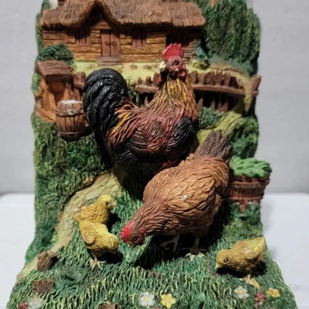RARE Vintage Rooster, Hen & Baby Chick's Farm Chicken Cabin Bookends